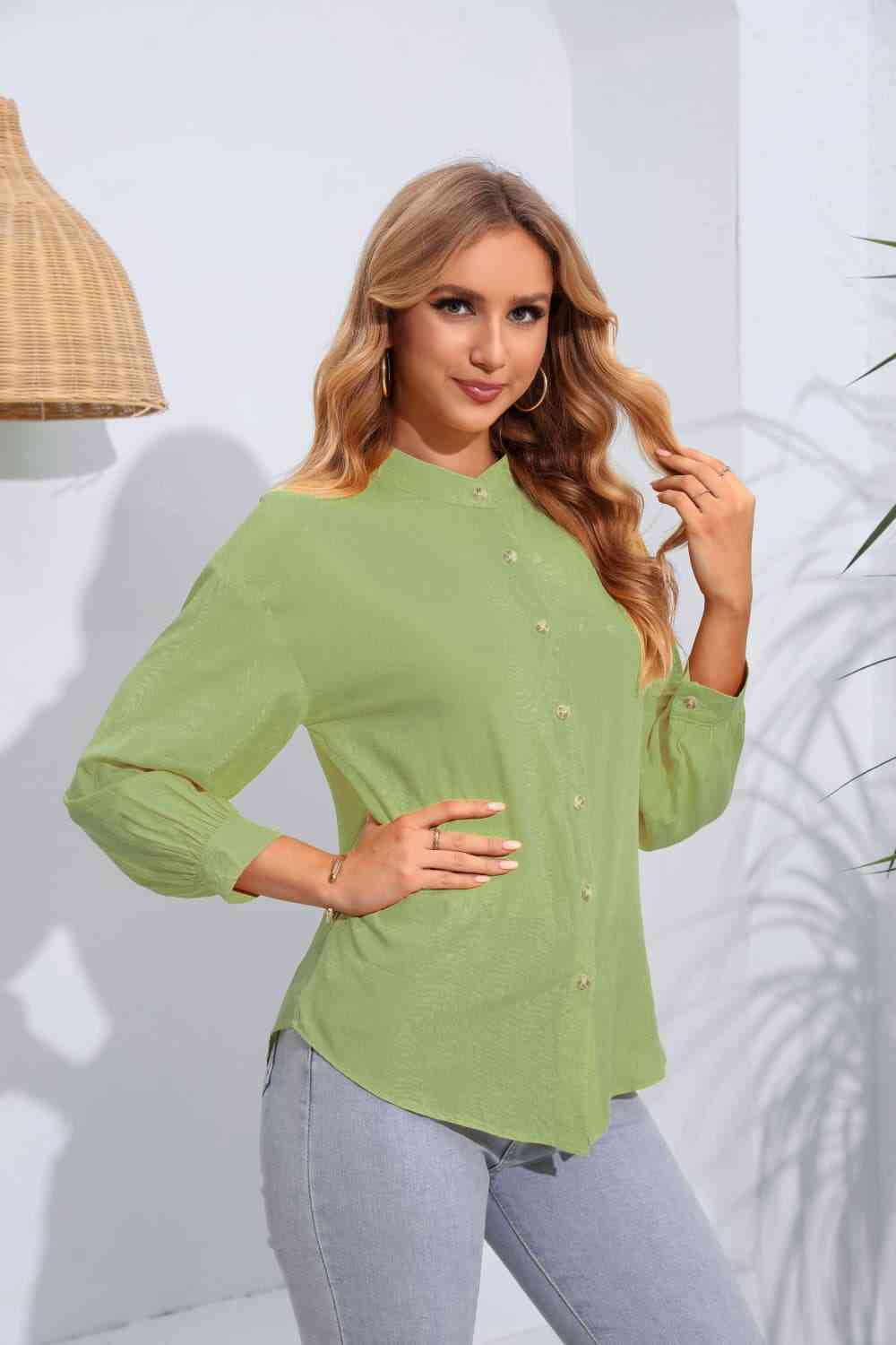 Buy Mock Neck Buttoned Long Sleeve Shirt by JR
