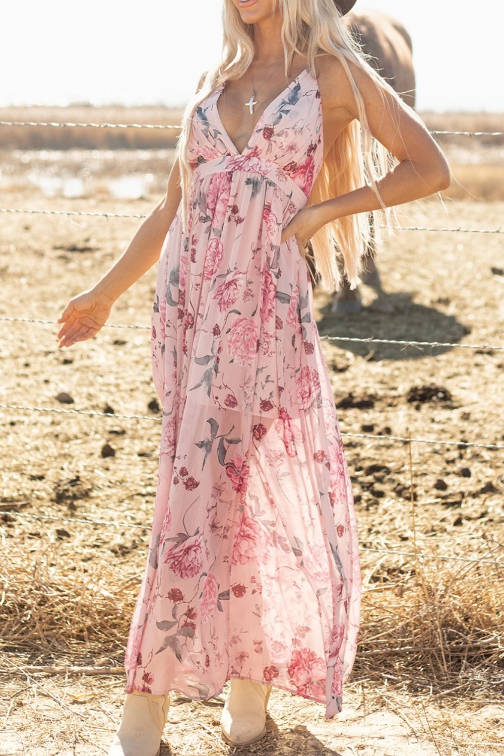 Buy Floral Pleated Deep V Backless Maxi Dress by Faz