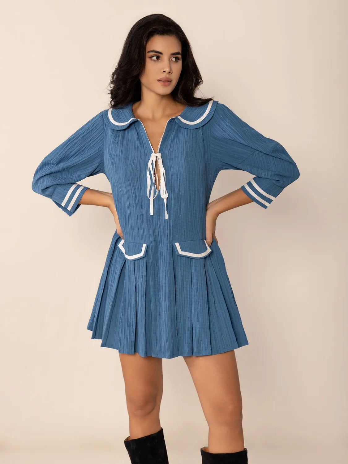 Buy Tie Front Pleated Three-Quarter Sleeve Mini Dress by Faz