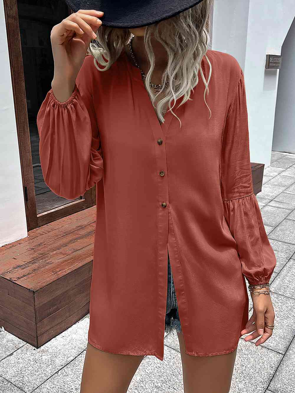 Buy Ivy Lane Notched Neck Balloon Sleeve Shirt by Double Take
