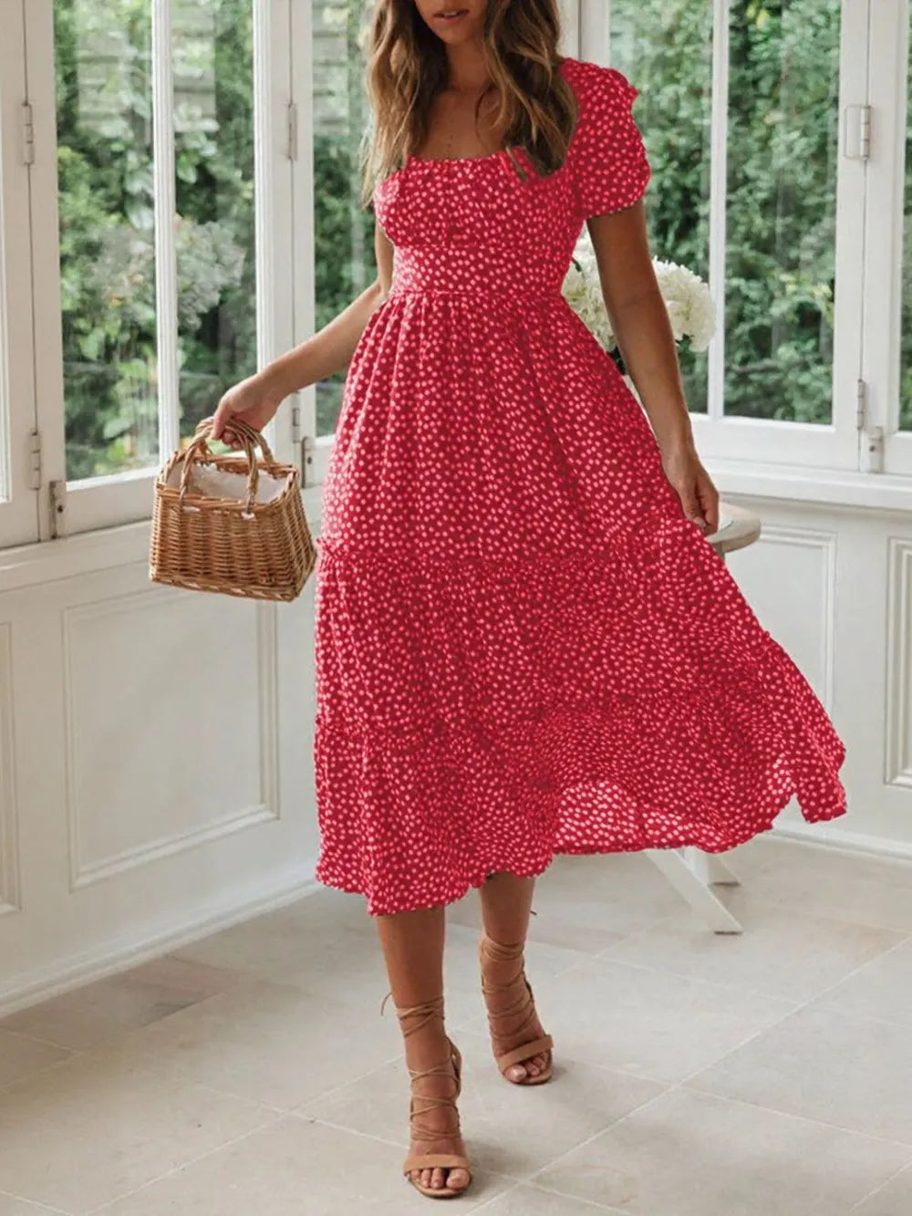 Buy Printed Square Neck Short Sleeve Midi Dress by Faz