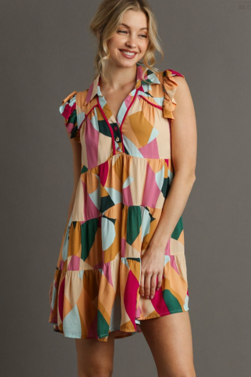 Full Size Button Detail Ruffle Sleeve Mini Dress Plus Size