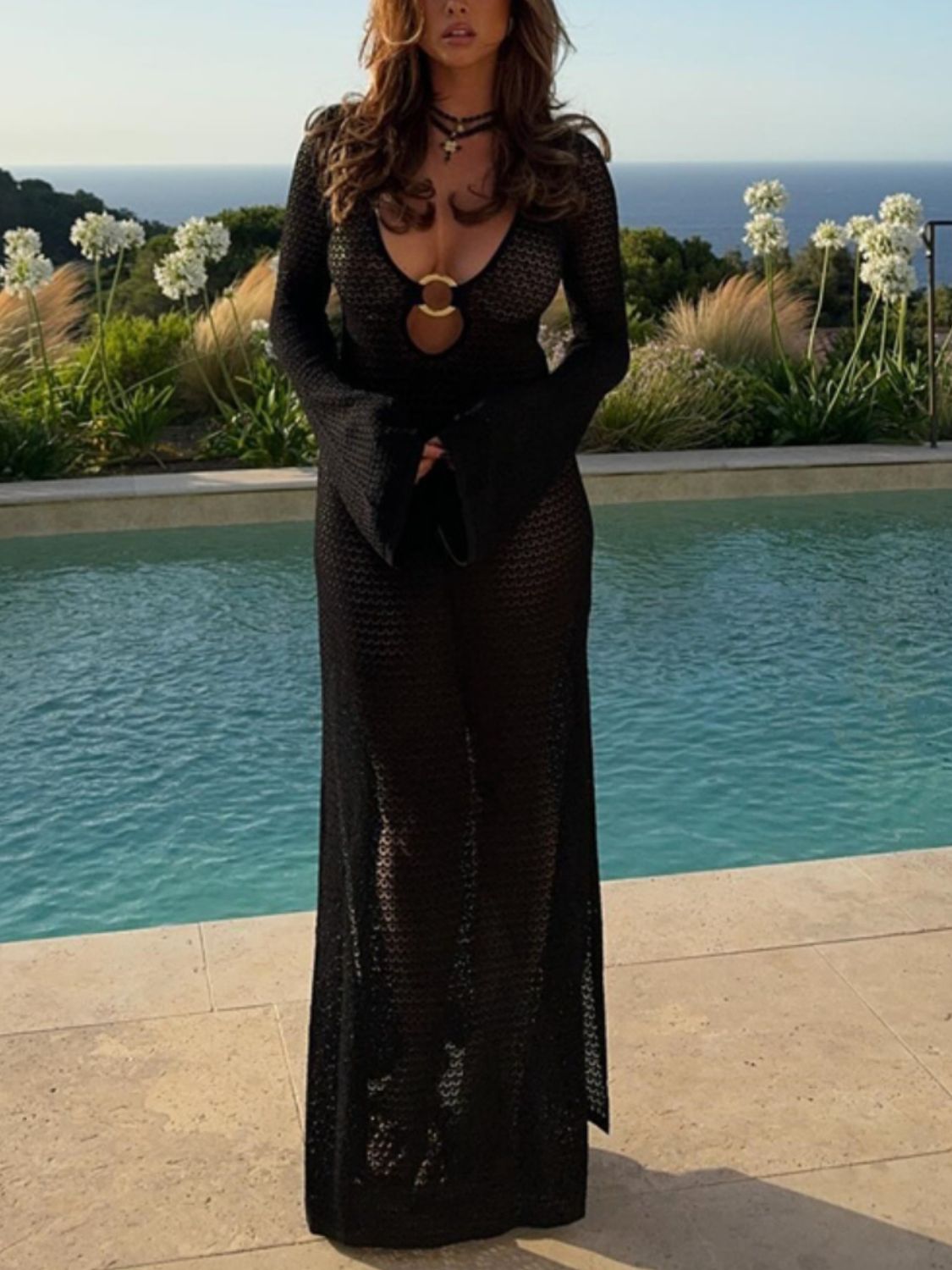 Buy Slit Plunge Flare Sleeve Cover-Up Dress by Faz