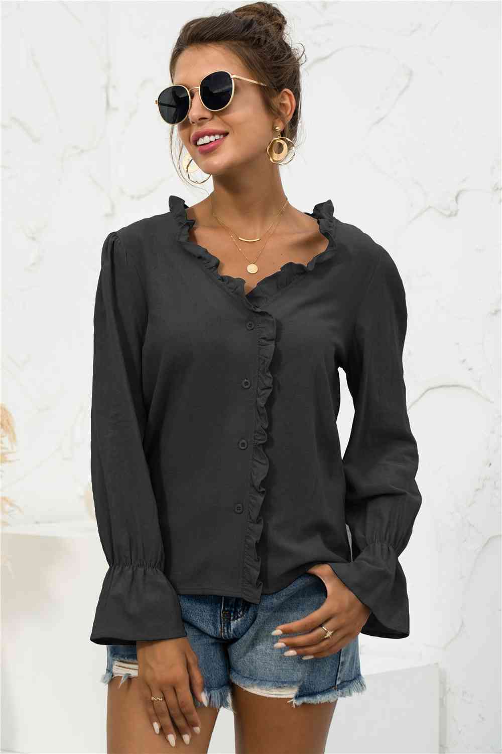 Buy Frill Trim V-Neck Flounce Sleeve Shirt by YO