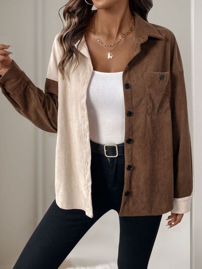 Buy Pocketed Contrast Collared Neck Long Sleeve Shirt by Perfee