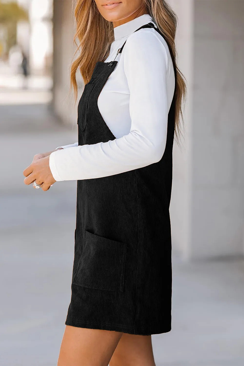 Buy Pocketed Square Neck Wide Strap Overall Dress by Faz