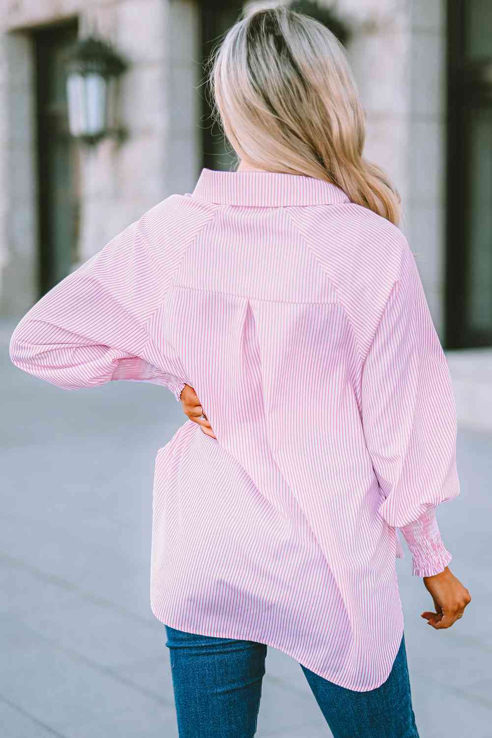 Buy Striped Lantern Sleeve Collared Shirt by SYNZ