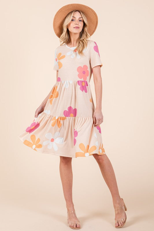 Floral Round Neck Short Sleeve Tiered Dress