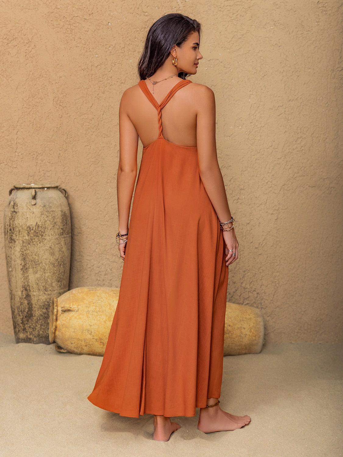 Ruched Twisted Back Sleeveless Maxi Cami Dress
