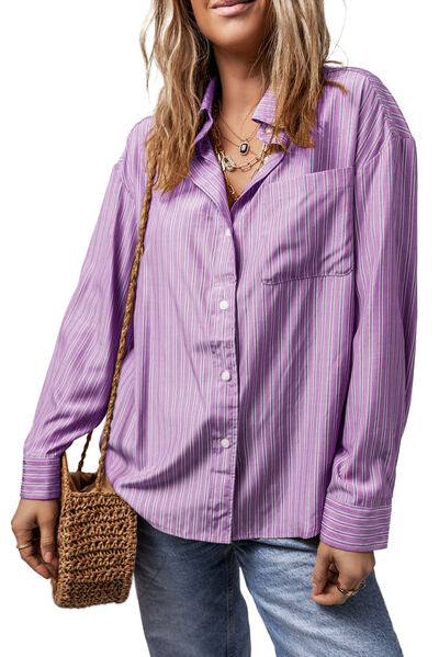 Buy Striped Button Up Long Sleeve Shirt by SYNZ