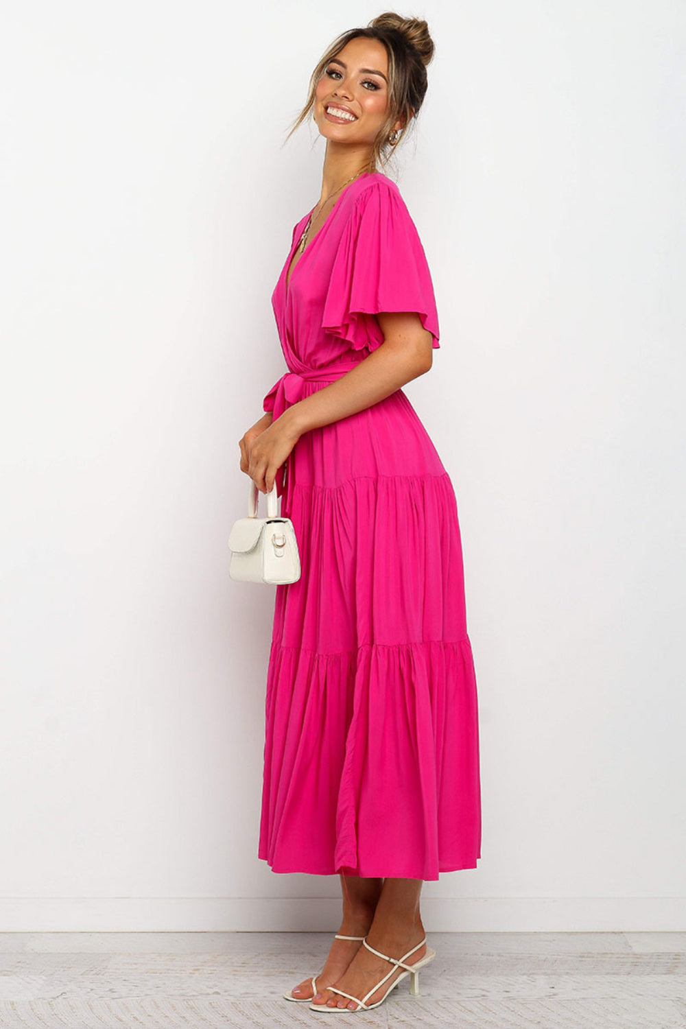 Buy Tied Tiered Short Sleeve Midi Dress by Faz