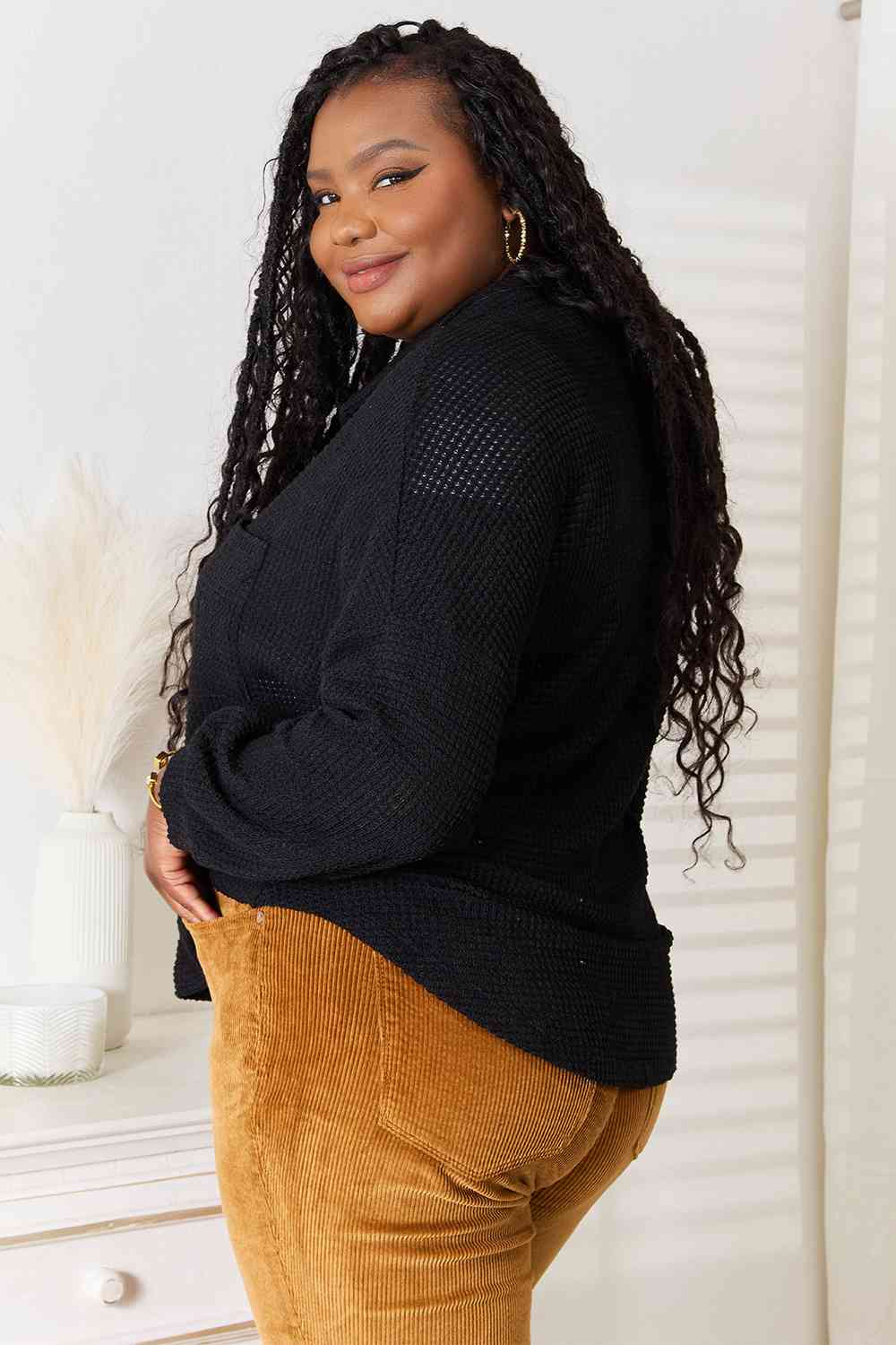 Buy Waffle-Knit Collared Neck Dropped Shoulder Shirt by Double Take