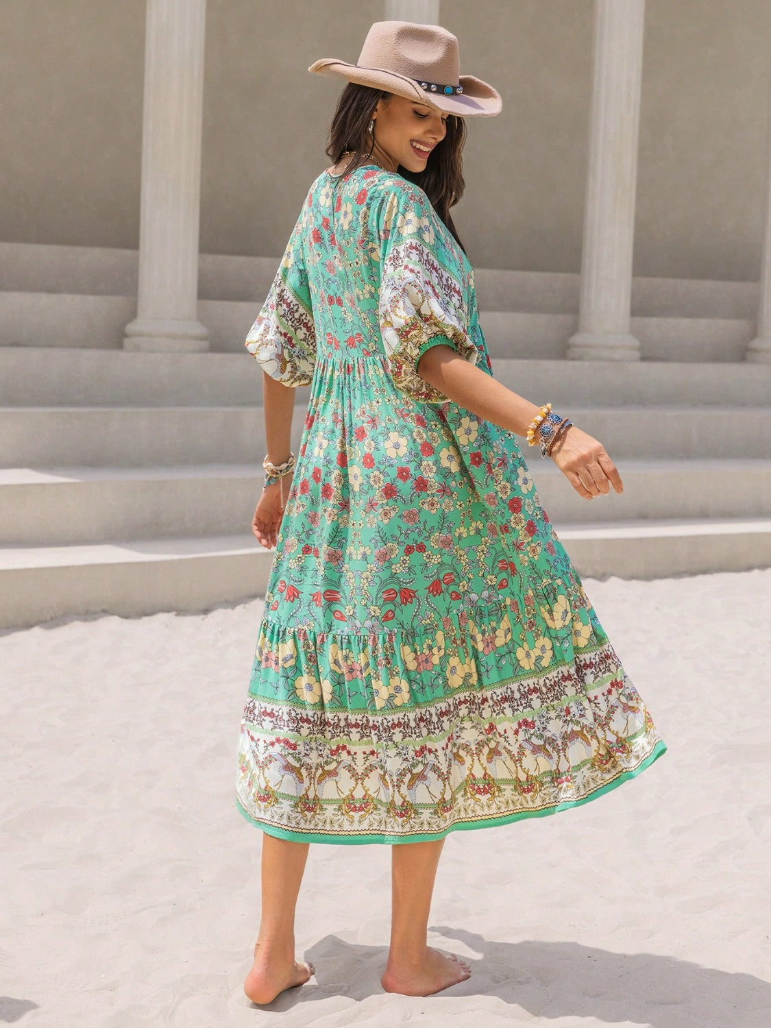 Buy Ruched Printed Puff Sleeve Midi Dress by Faz