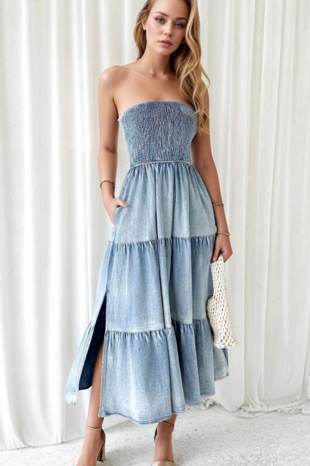 Buy Smocked Tube Slit Tiered Denim Dress by Faz