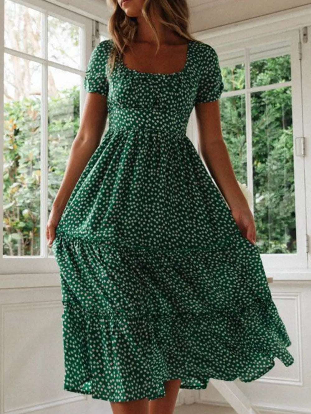 Buy Printed Square Neck Short Sleeve Midi Dress by Faz