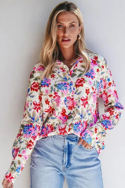Buy Floral Collared Neck Long Sleeve Shirt by SYNZ