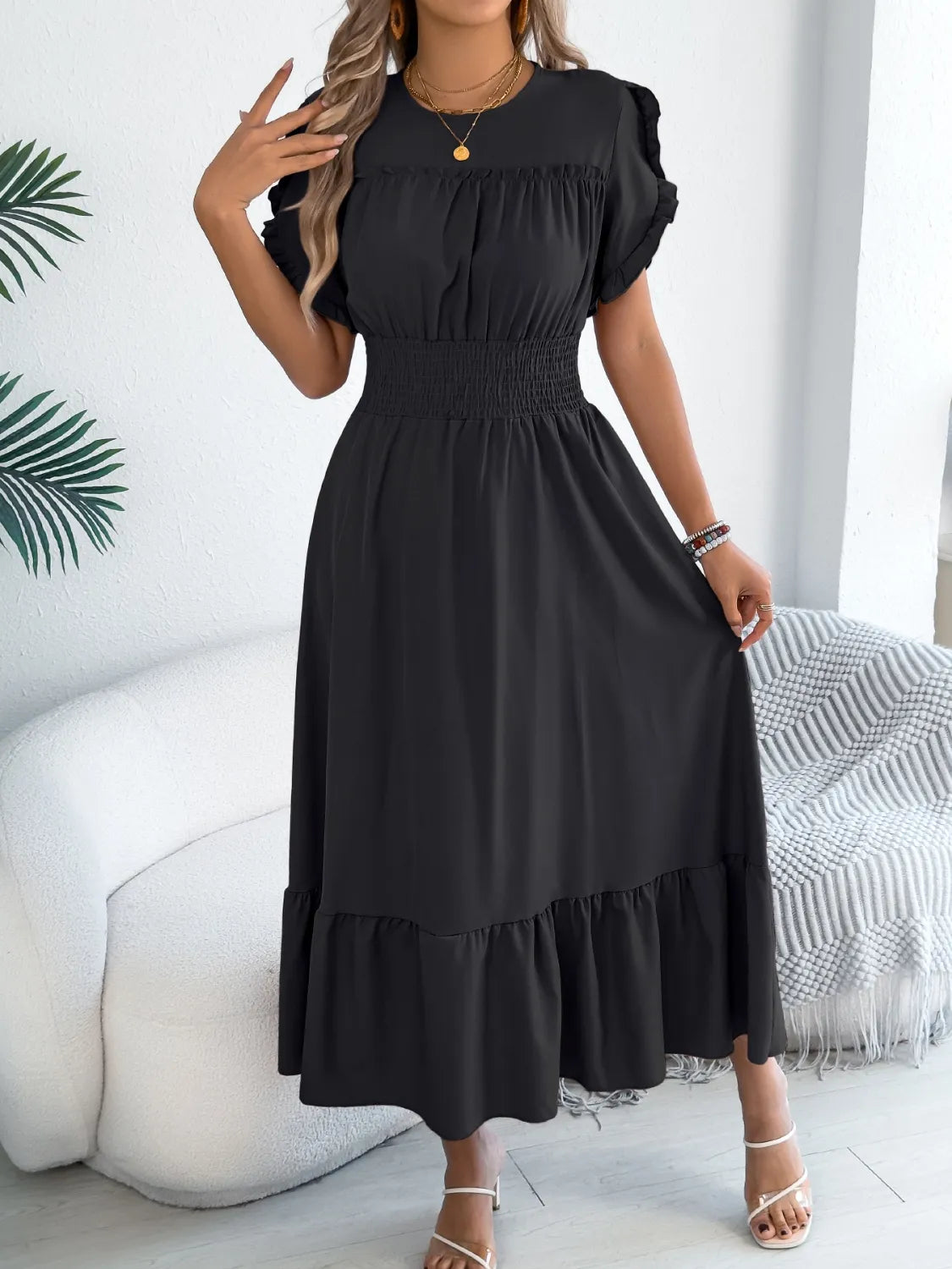 Buy Smocked Frill Round Neck Midi Dress by Faz