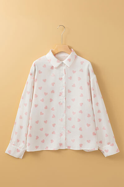 Buy Heart Print Collared Neck Long Sleeve Shirt by SYNZ