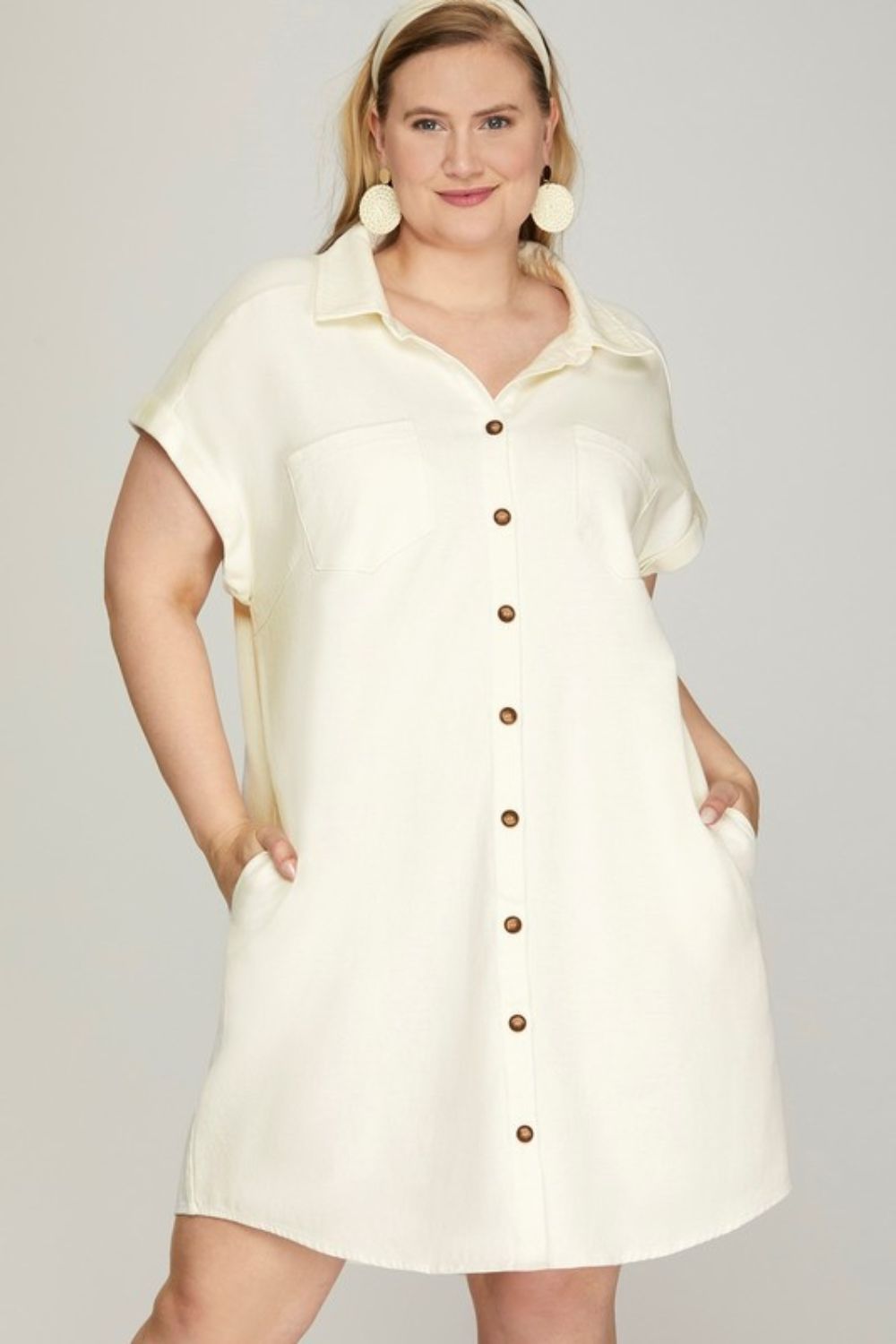 Buy Full Size Folded Cuff Button Down Washed Twill Shirt Dress Plus Size by Faz