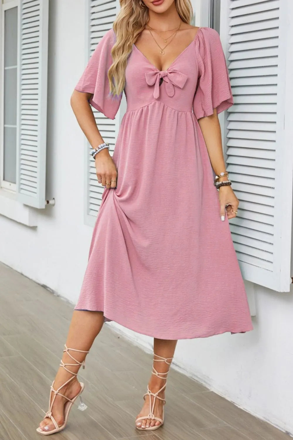 Buy Smocked Tie Front Flutter Sleeve Midi Dress by Faz