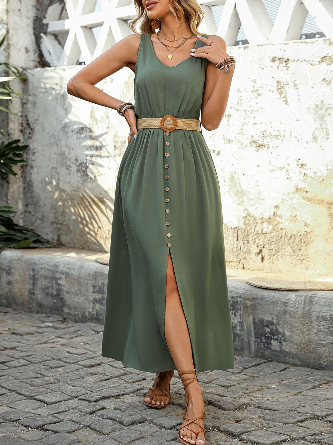 Buy Decorative Button Slit Sleeveless Midi Dress by Faz