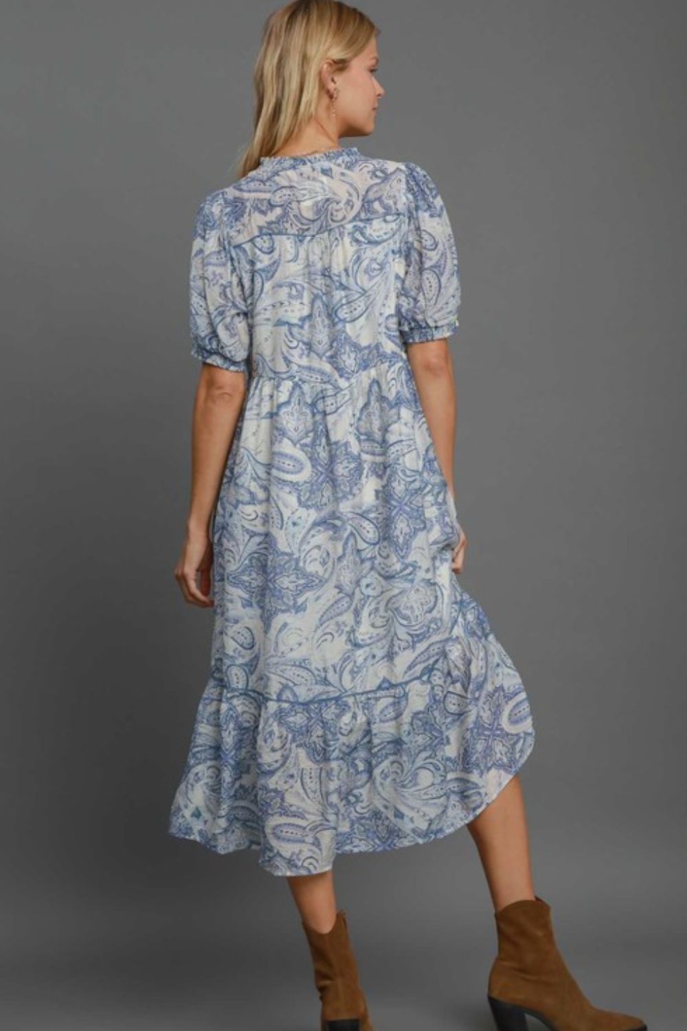 Buy Full Size Printed Puff Short Sleeve Midi Dress Plus Size by Faz