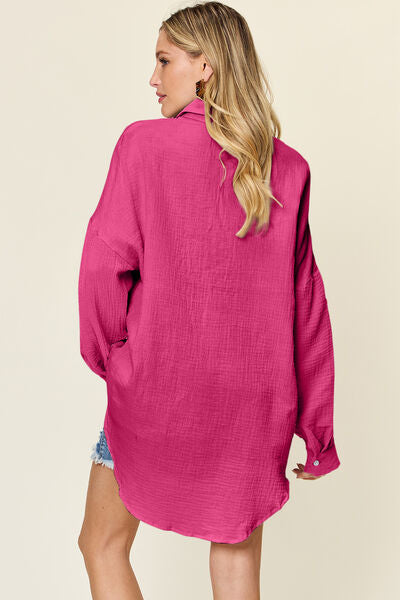 Buy Full Size Pocketed Texture Button Up Shirt by Double Take