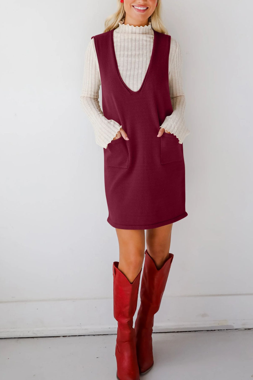 Buy Pocketed V-Neck Mini Sweater Overall Dress by Faz