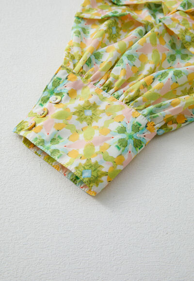 Buy Frill Printed Collared Neck Long Sleeve Blouse by SYNZ