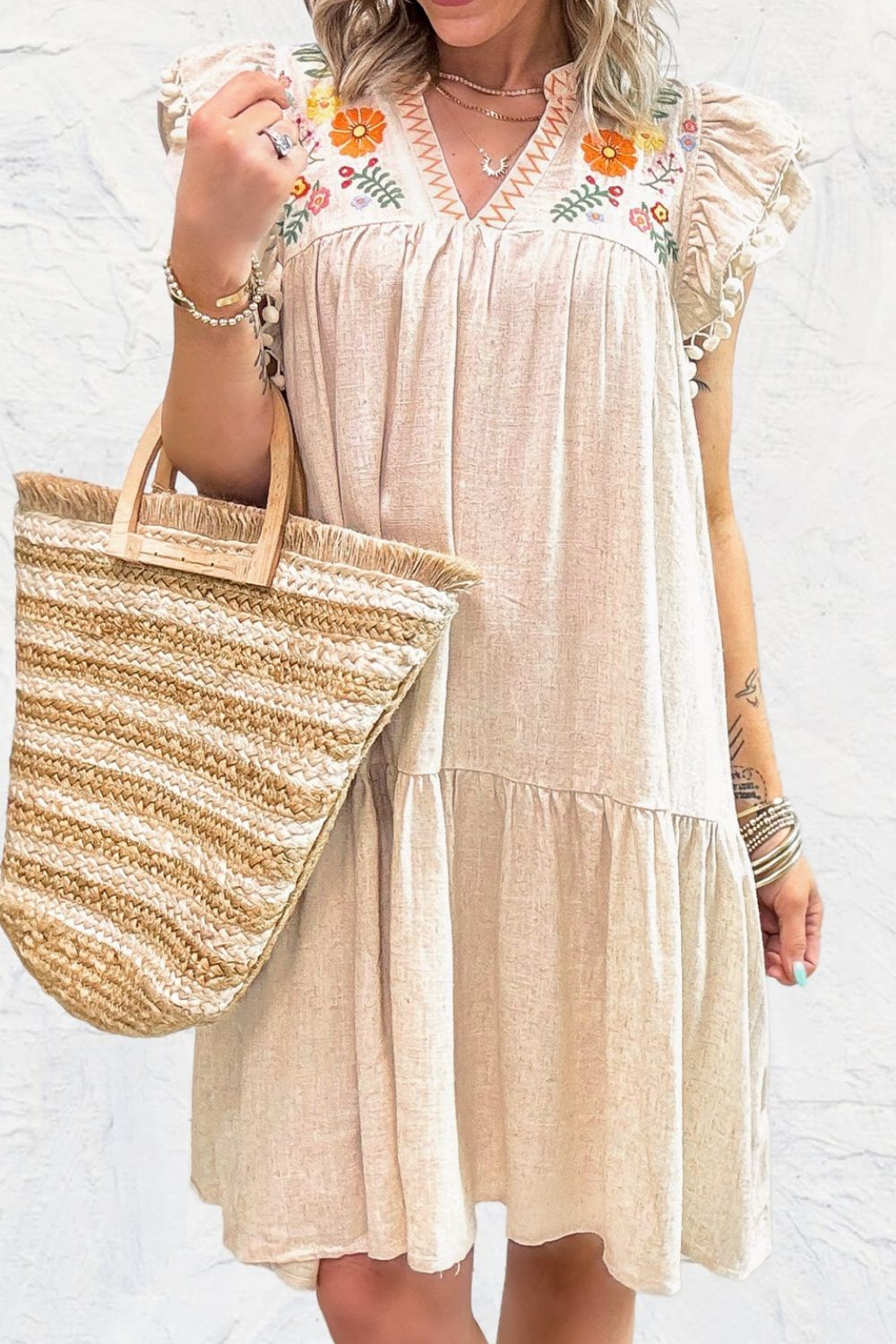 Buy Floral Embroidery Pom Pom Ruffle Sleeves Mini Dress by Faz