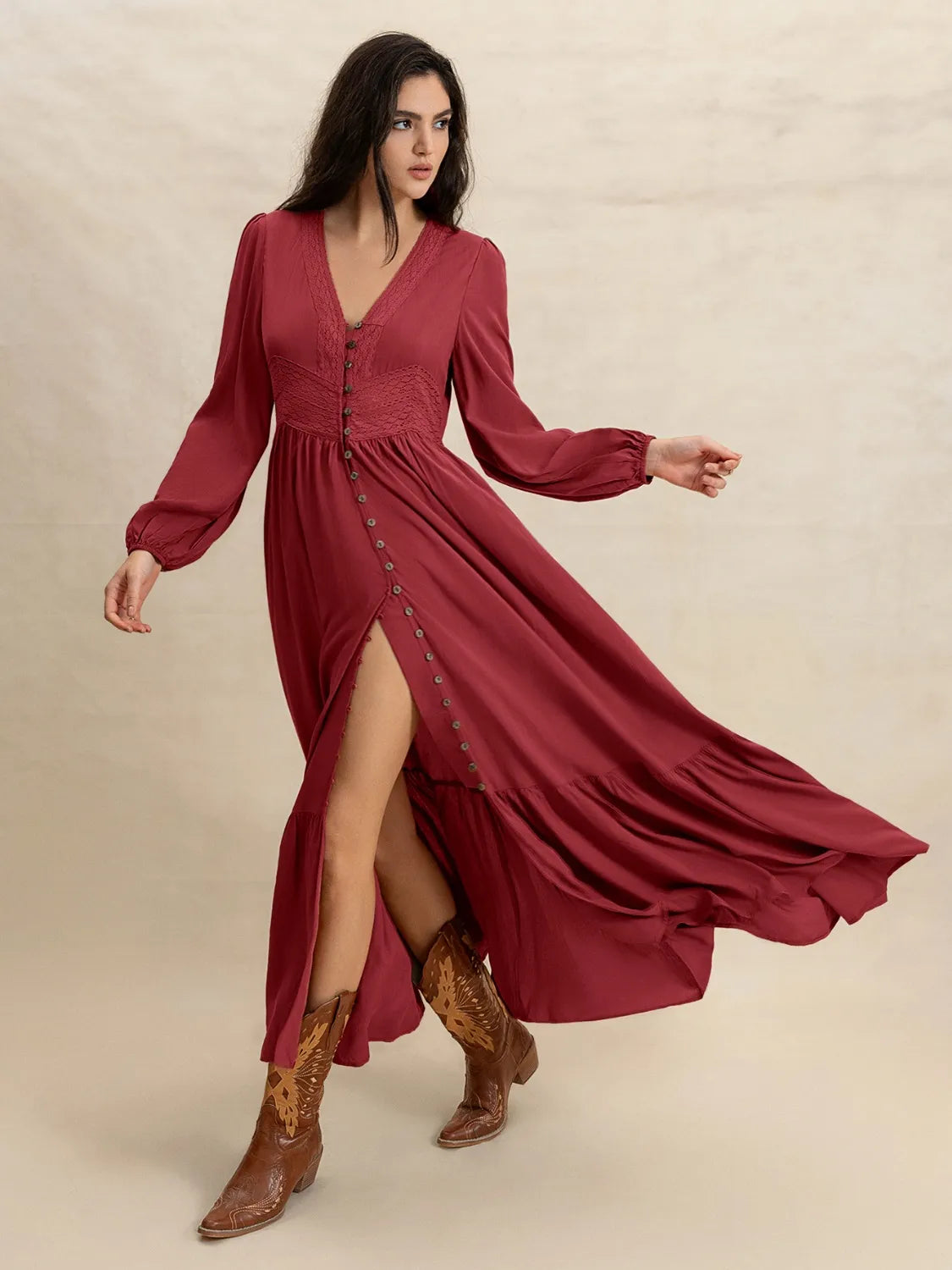V-Neck Balloon Sleeve Ruffled Hem Maxi Dress
