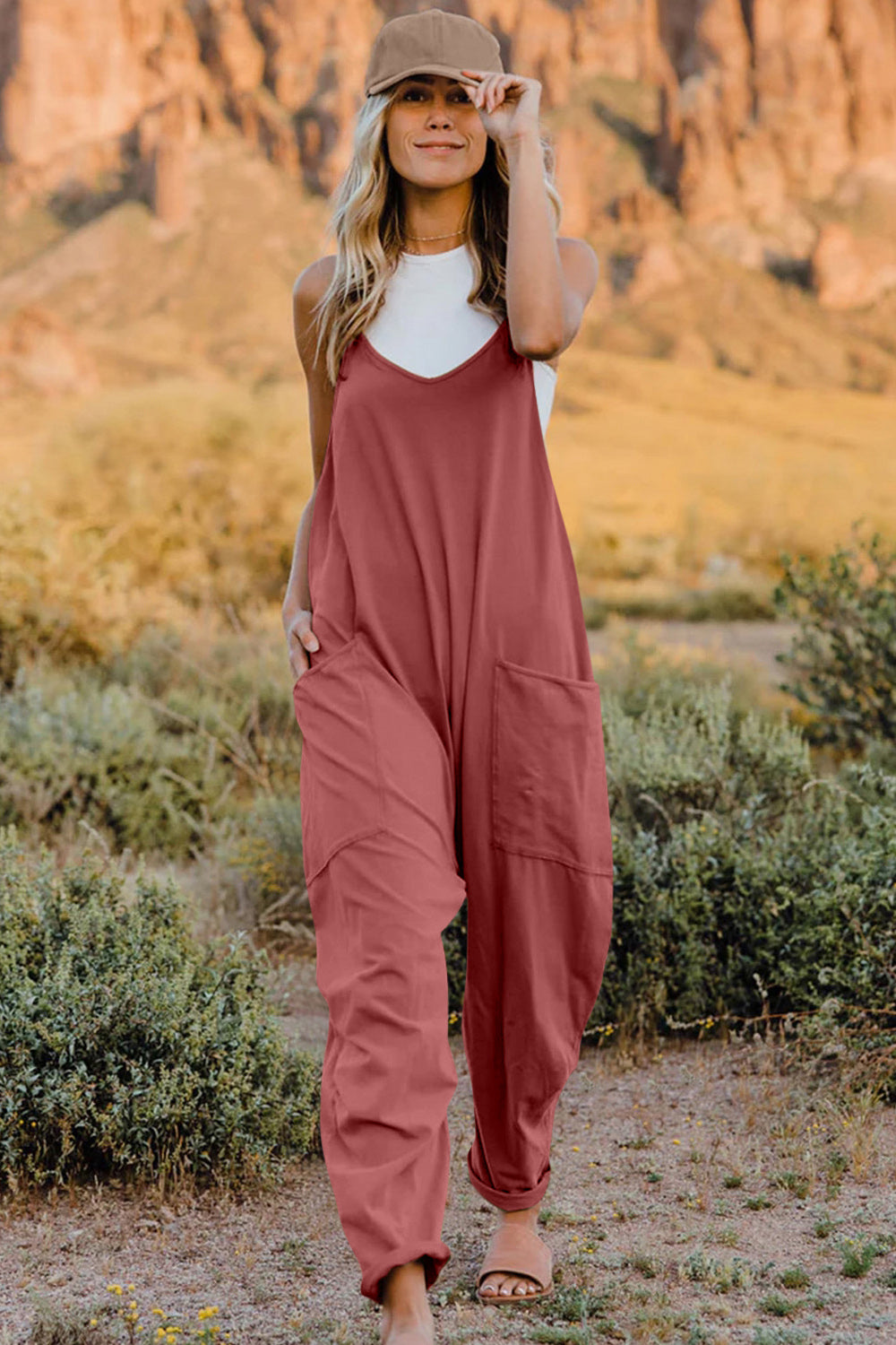 Buy Full Size V-Neck Sleeveless Jumpsuit with Pockets by Double Take