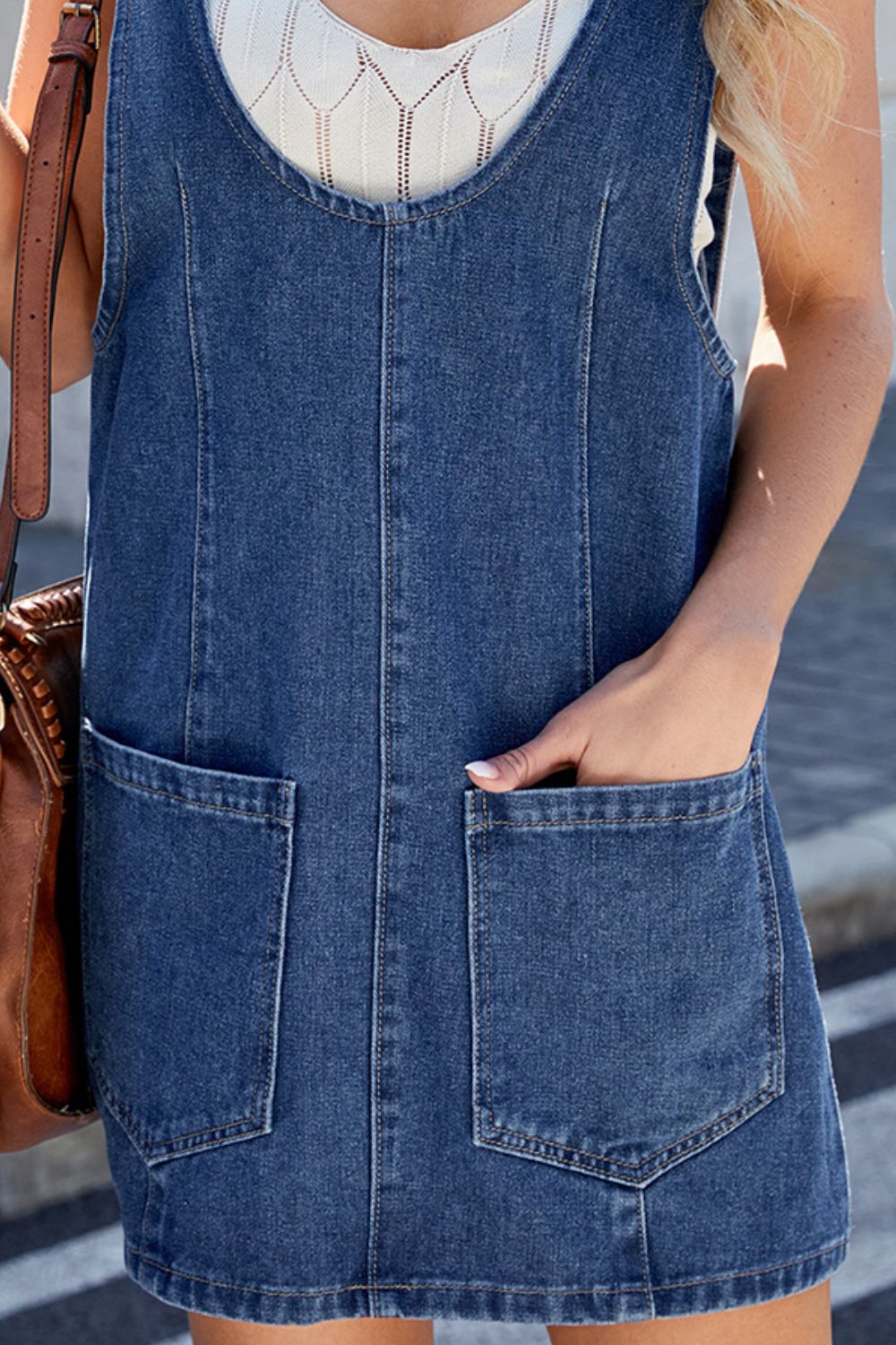 Buy Scoop Neck Denim Overall Dress with Pockets by Faz