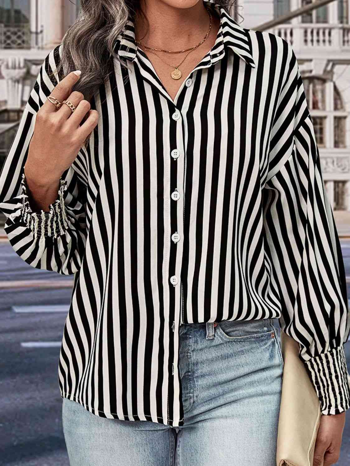 Buy Perfee Striped Dropped Shoulder Smocked Wristband Shirt by Hundredth
