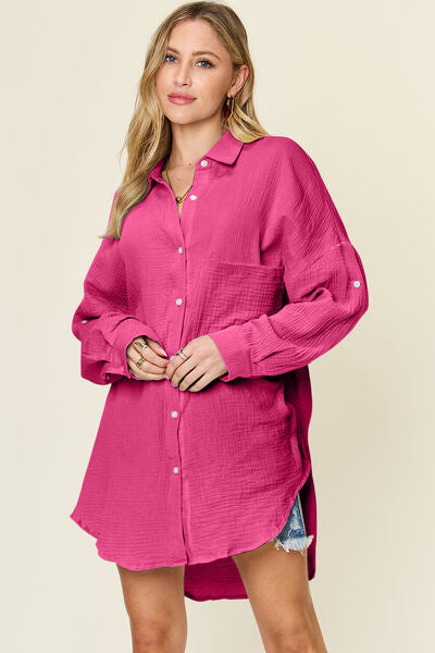 Buy Full Size Pocketed Texture Button Up Shirt by Double Take