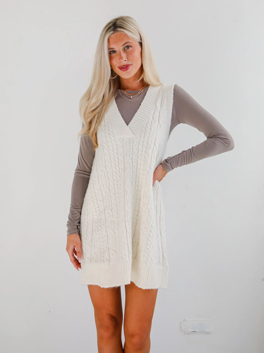 Buy Cable Knit V-Neck Mini Sweater Overall Dress by Faz