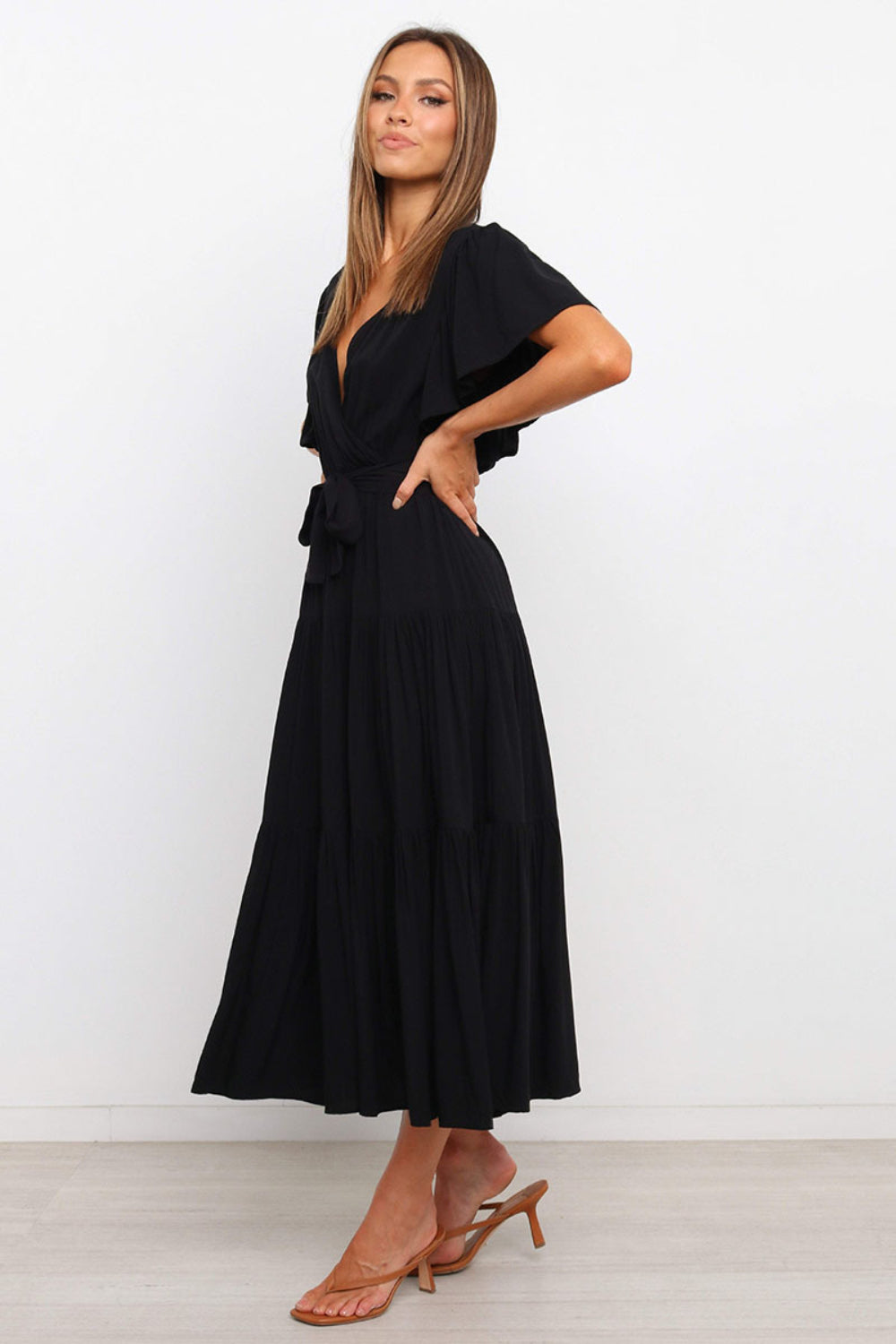 Buy Front Tie Short Sleeve Tiered Midi Dress by Faz