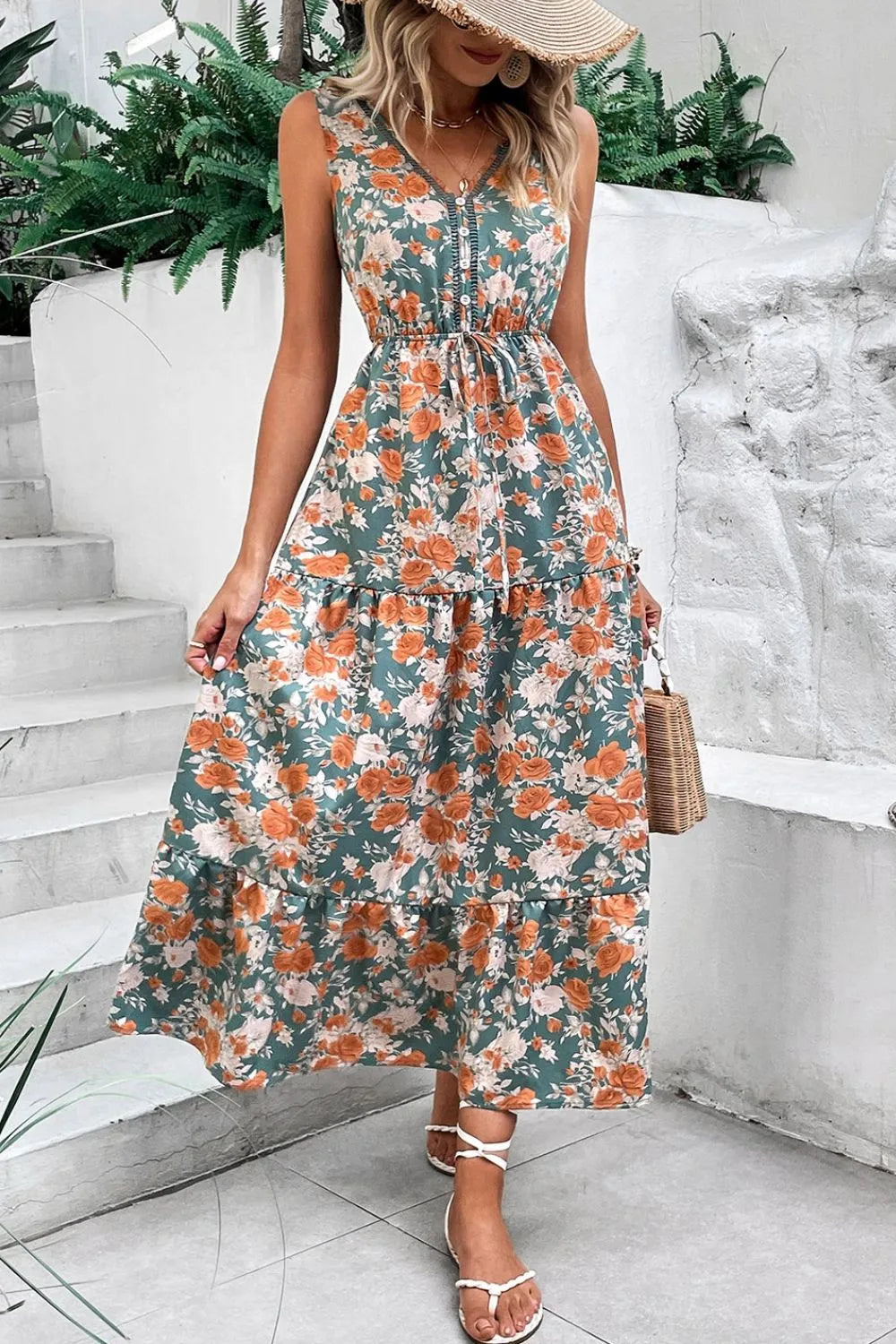 Floral Print Trimmed V Neck Tie Waist Sleeveless Dress