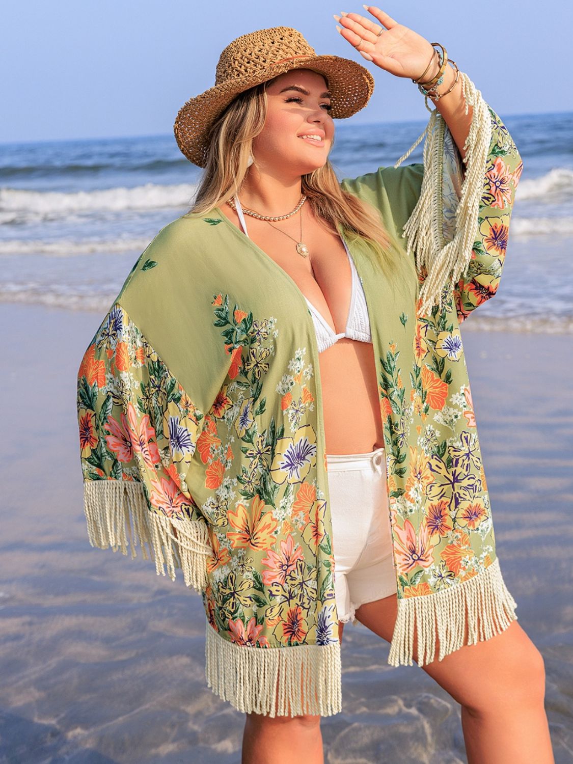 Buy Plus Size Fringe Open Front Cover-Up by Faz