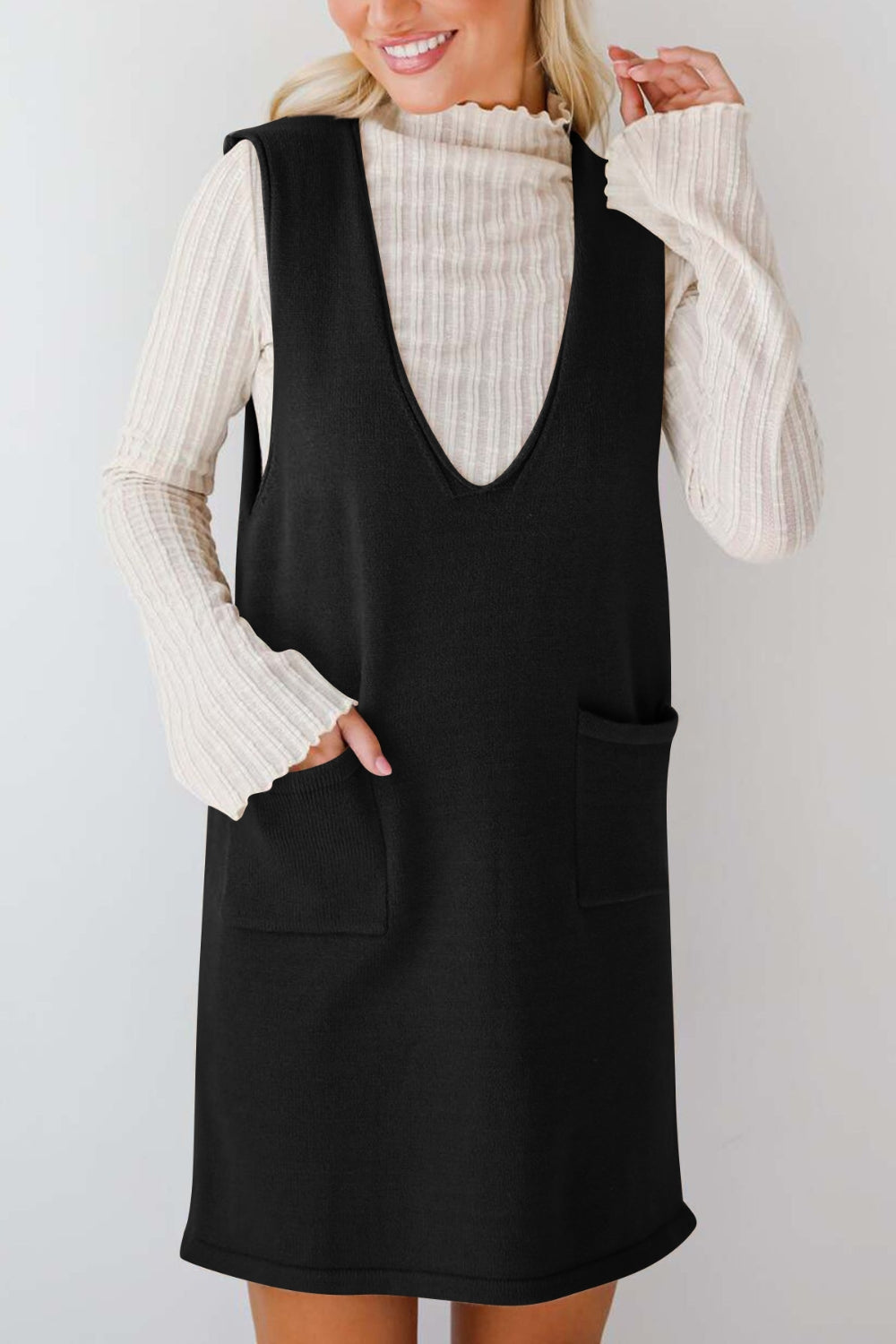 Buy Pocketed V-Neck Mini Sweater Overall Dress by Faz