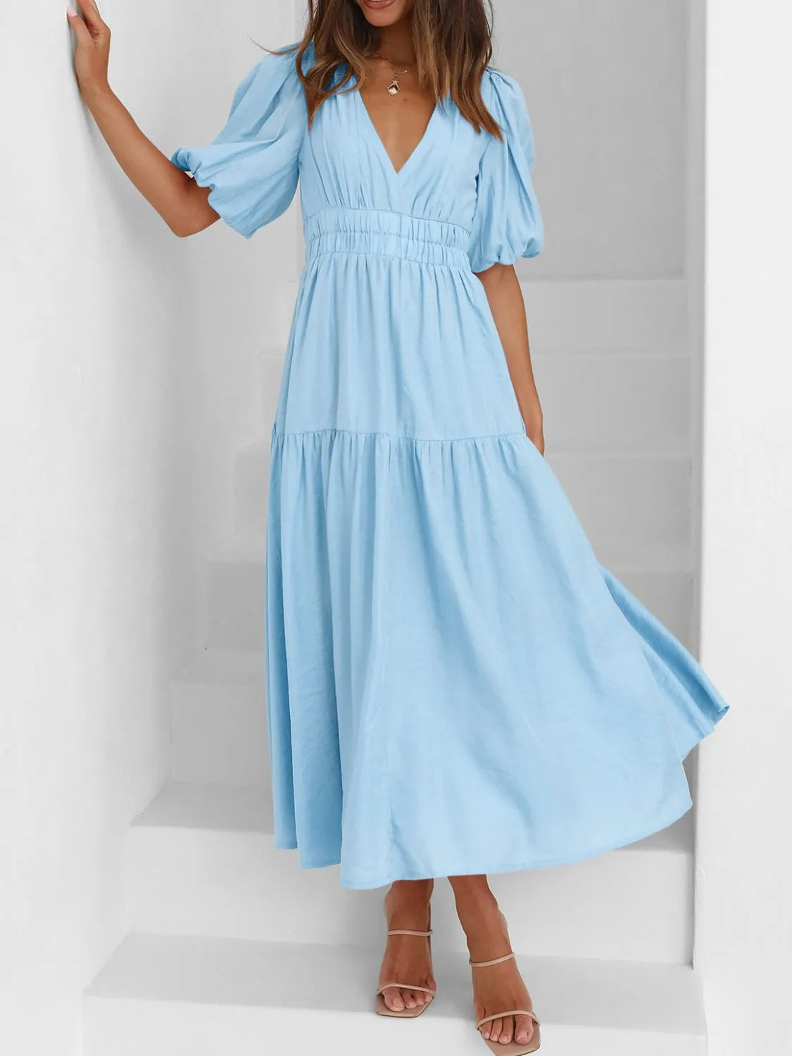 Buy V-Neck Puff Sleeve Midi Dress by Faz