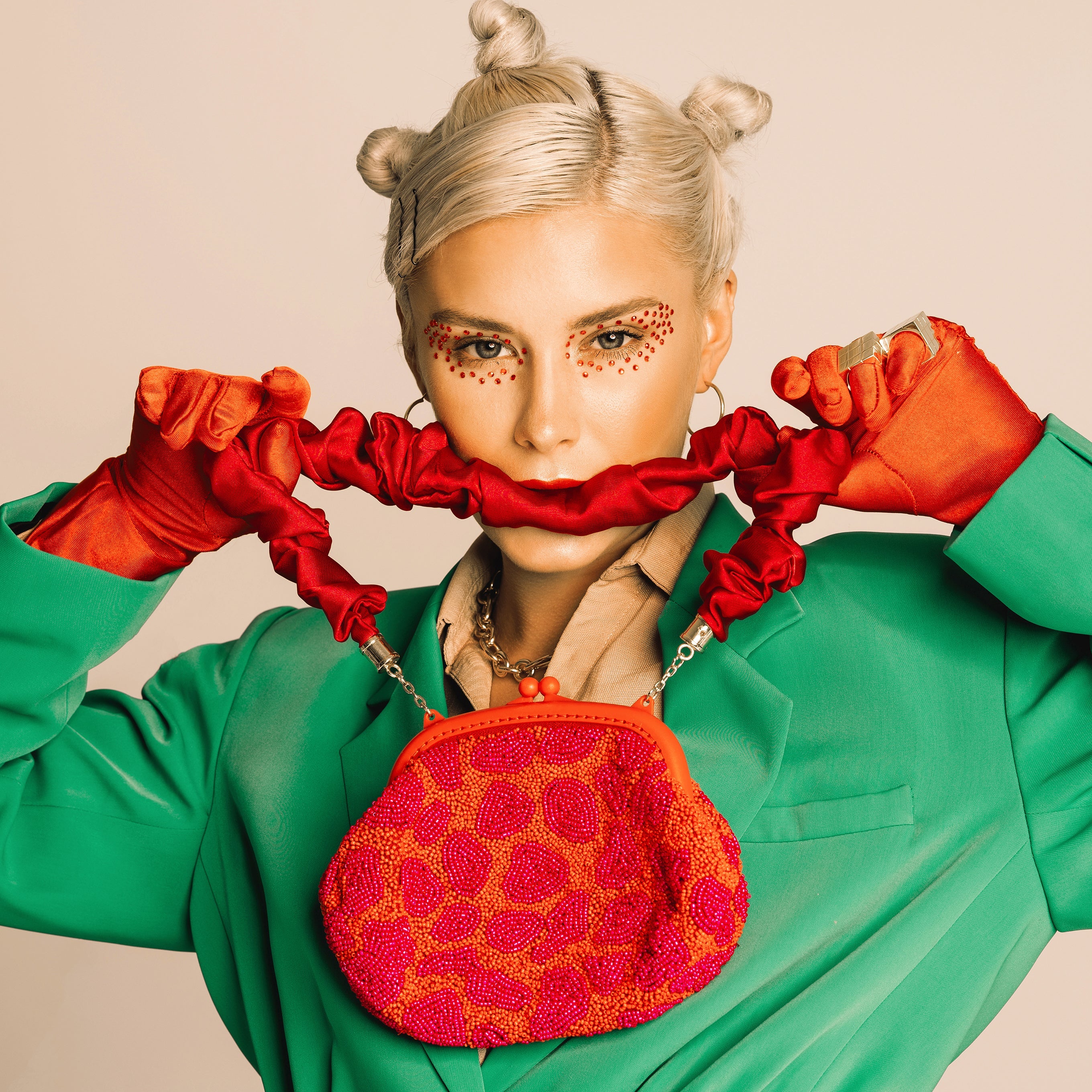 The Arnoldi Jean Hand-Beaded Clutch, in Red & Pink
