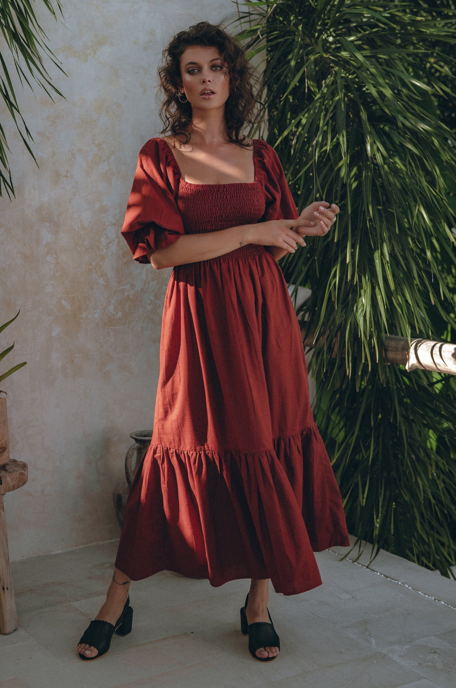 Almeria Smocked Midi Linen Dress