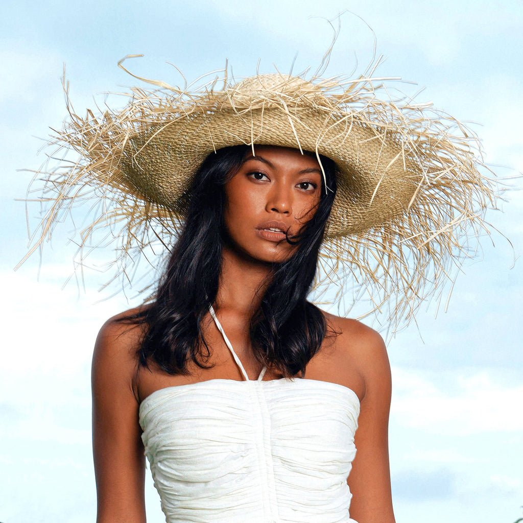 The Catalina Frayed Straw Sun Hat in Black