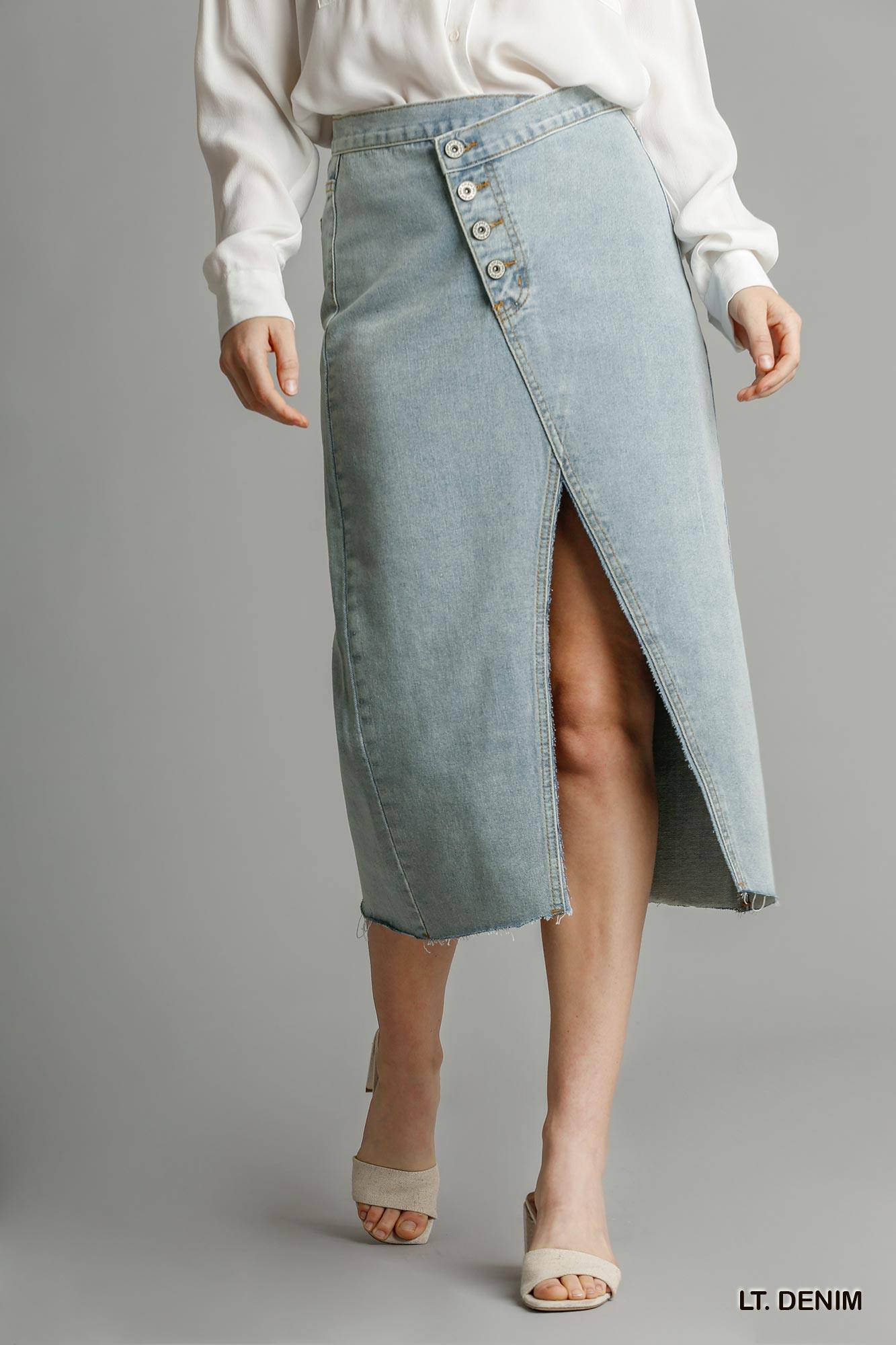 Buy Asymmetrical Waist And Button Up Front Split Denim Skirt With Back Pockets And Unfinished Hem by Balec Group