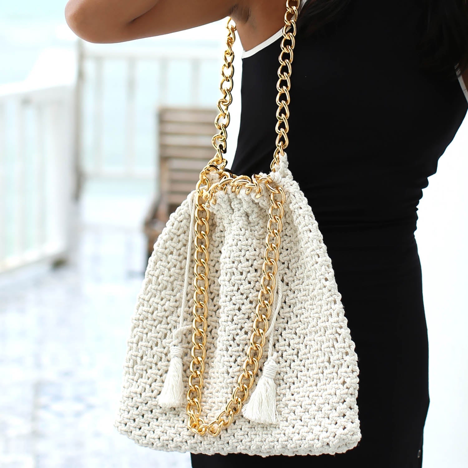 The Colette Macrame Beach Bag in Off-White