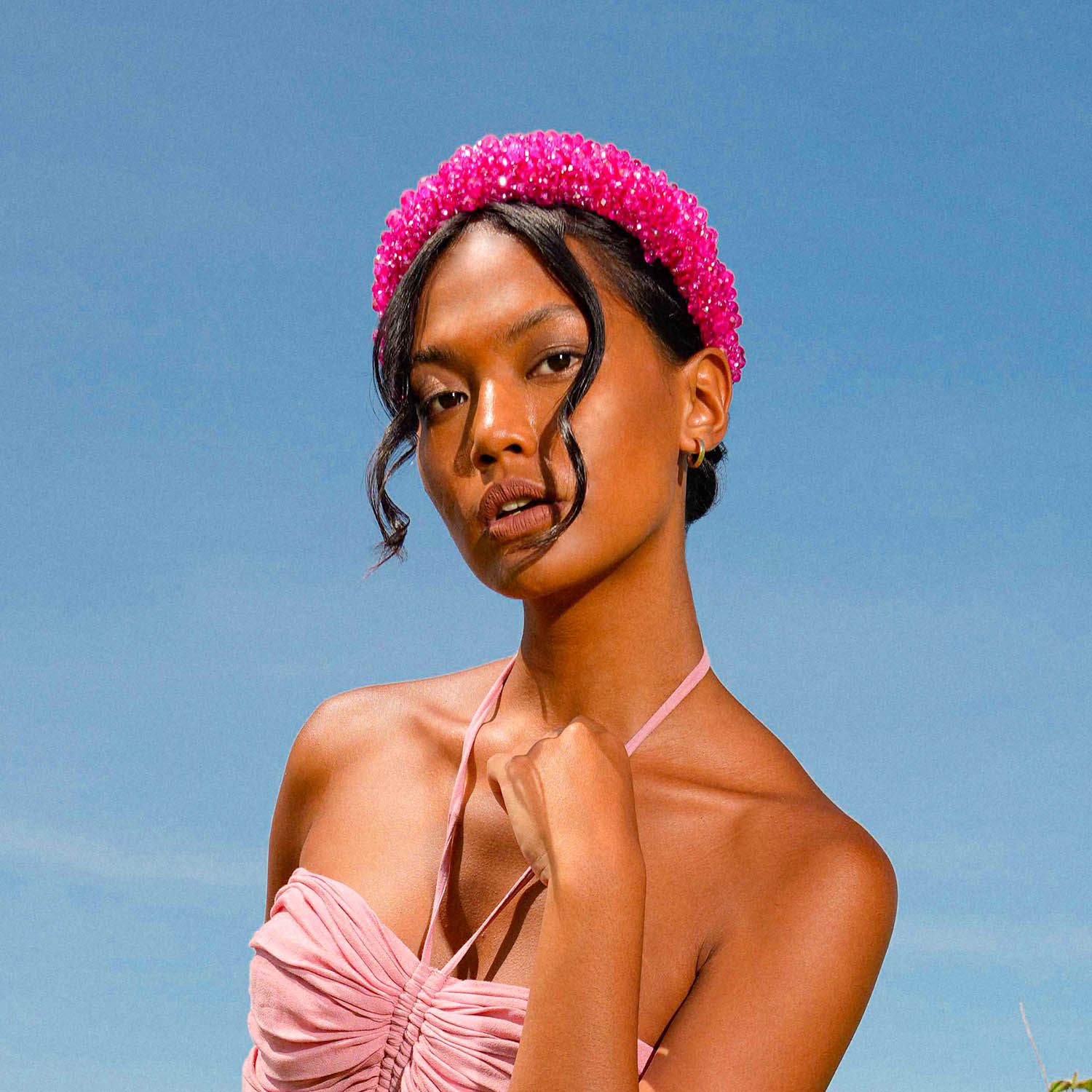 CROWN Glass Crystal Beads Headband in Shocking Pink