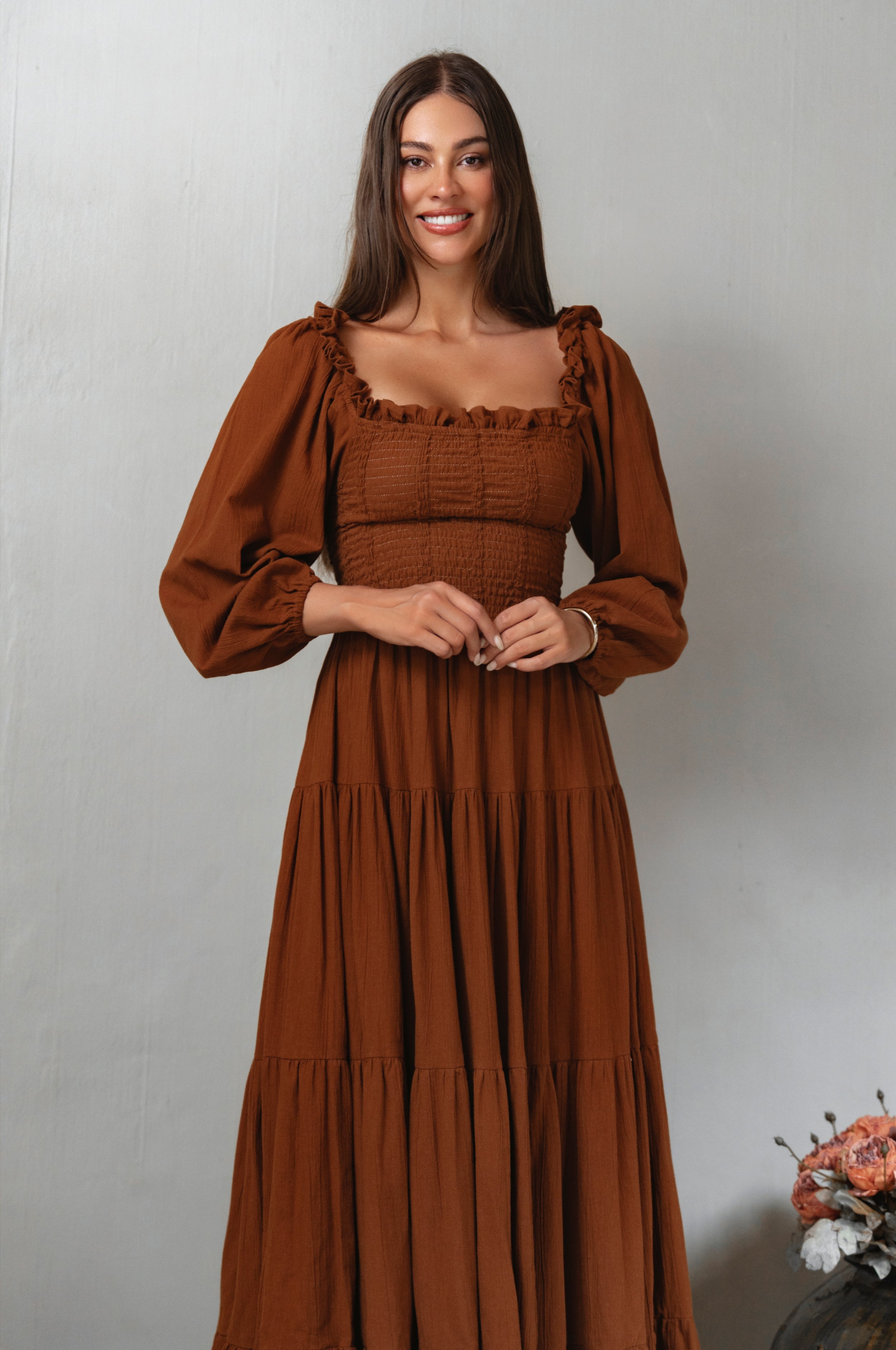 Evangeline Tiered Linen Midi Dress