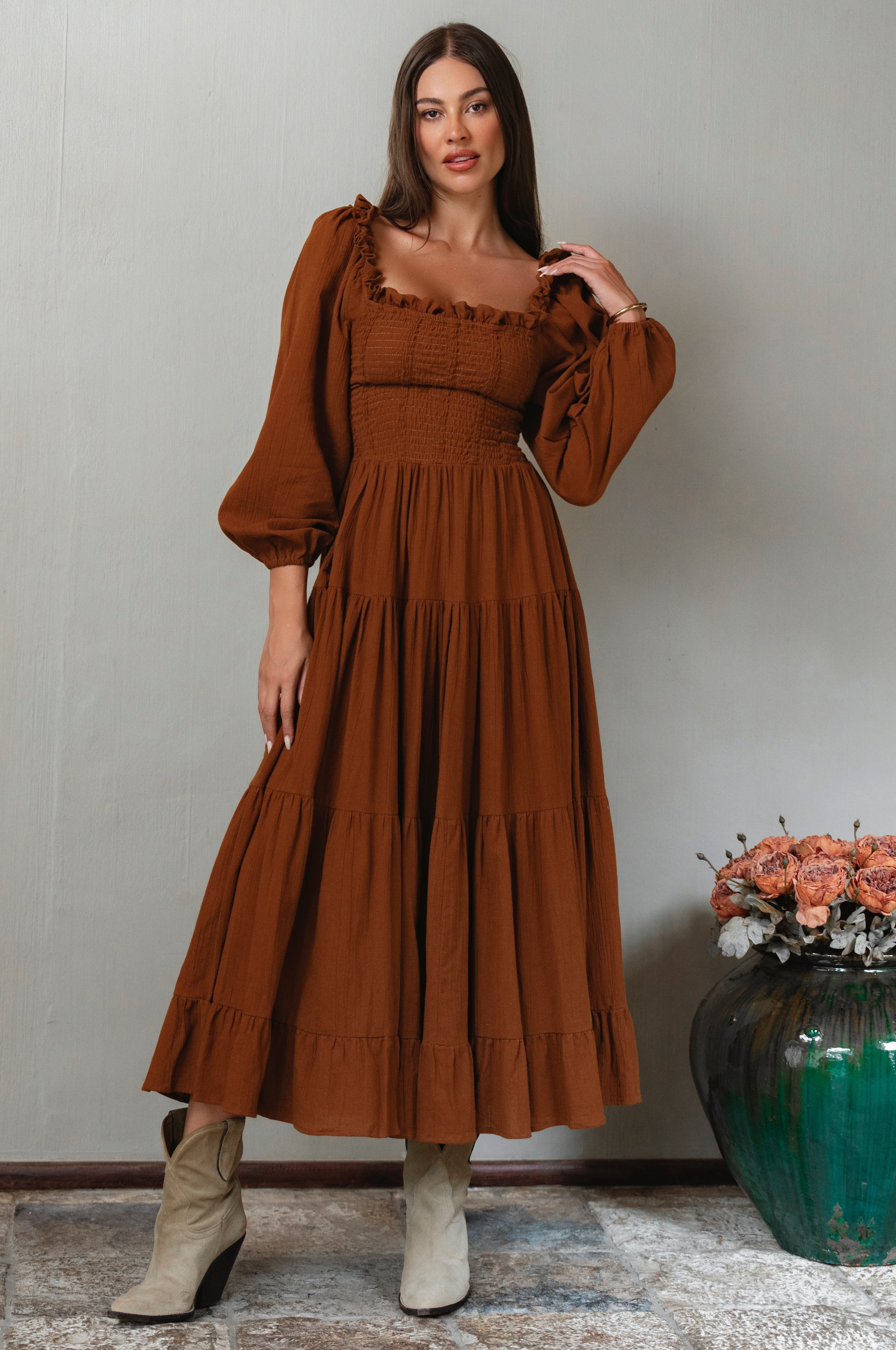 Evangeline Tiered Linen Midi Dress