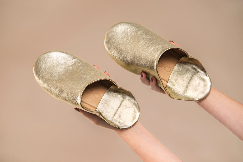 Buy Gold Elegance - Leather Slippers by Choost